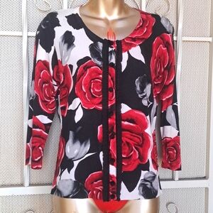 WHITE HOUSE BLACK MARKET Red & blk rose sweater Small (S43)